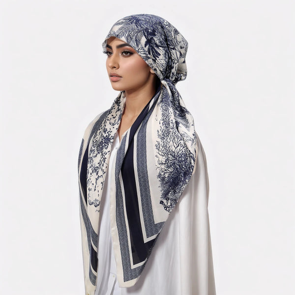 A woman wearing a patterned square hijab cap and a white garment.