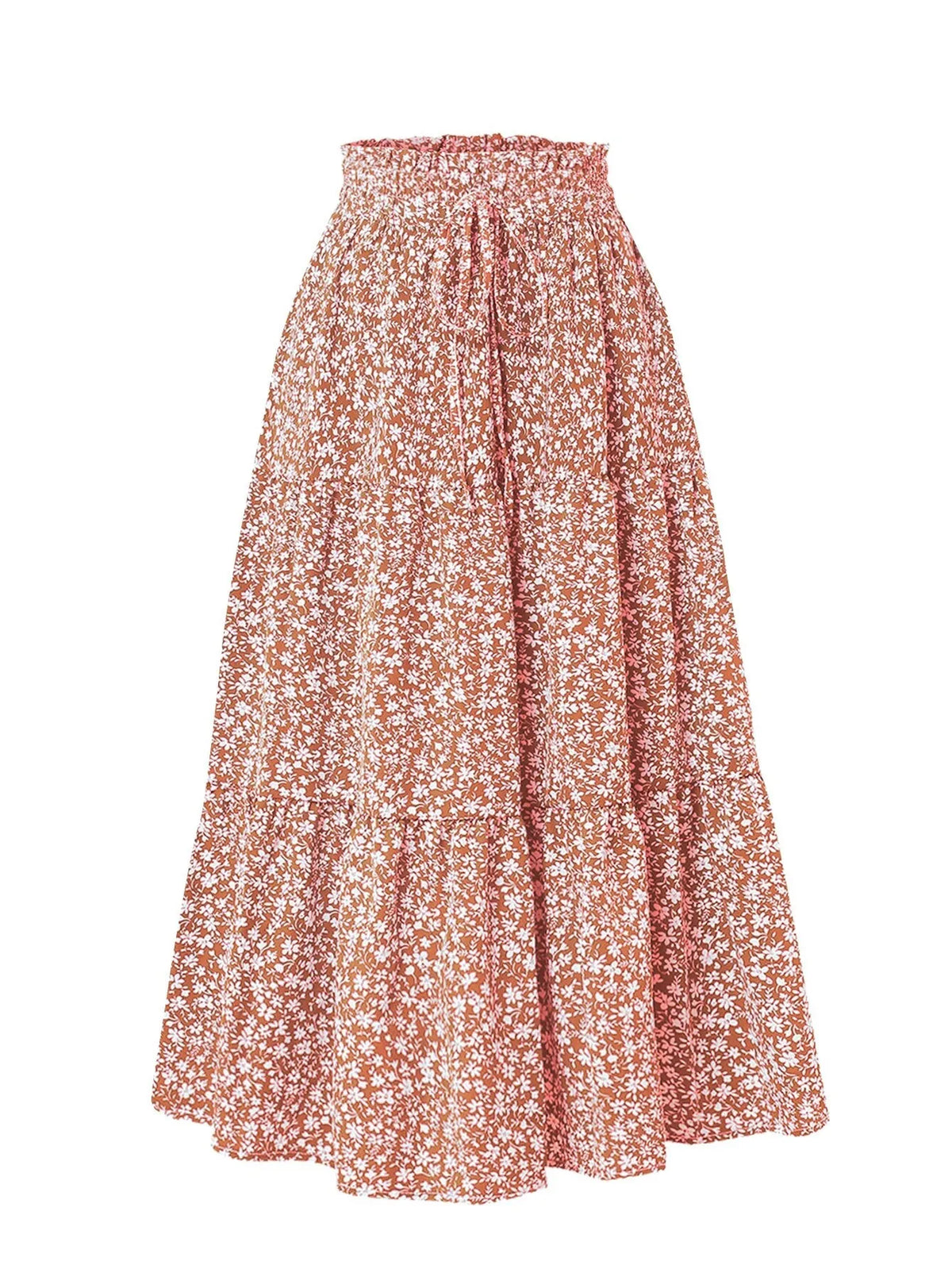 Una falda midi A-line bohemia color óxido con estampado floral blanco pequeño.