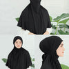 Eine Frau trägt einen schwarzen Instant-Turban-Hijab für Frauen, in voller Ansicht und Nahaufnahme.