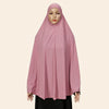 Model wearing a pink full-cover abaya with an inner hijab.