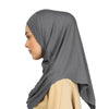 Eine Frau mit einem einfarbigen grauen, sofort einsatzbereiten Hijab im Profil.