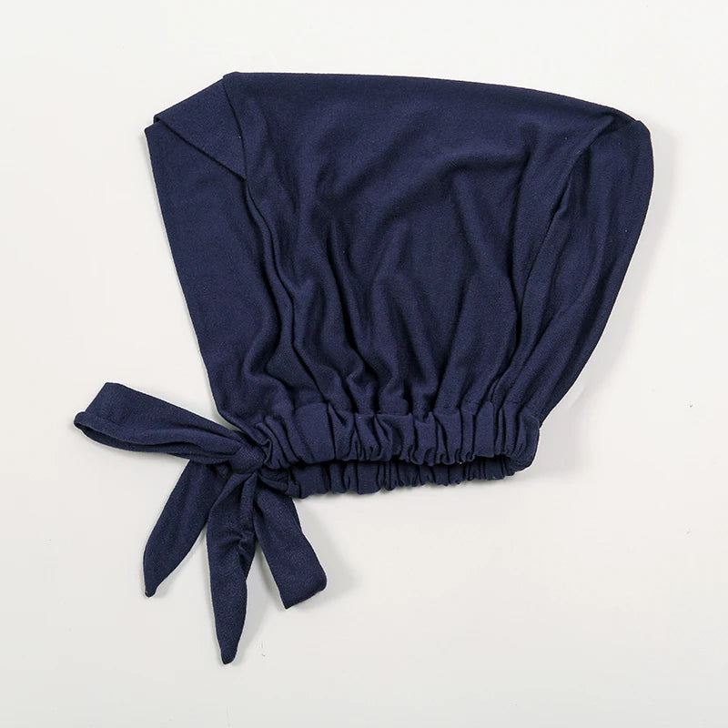 Navy blue adjustable cotton jersey inner hijab cap tied at the bottom