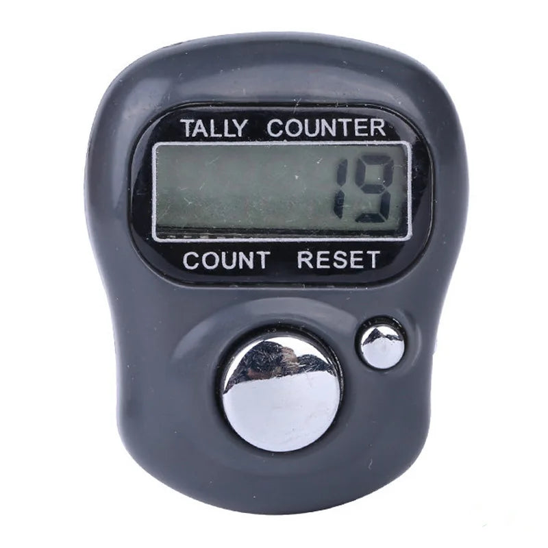 A small, dark gray digital counter device with a display showing 19 and buttons for count and reset.