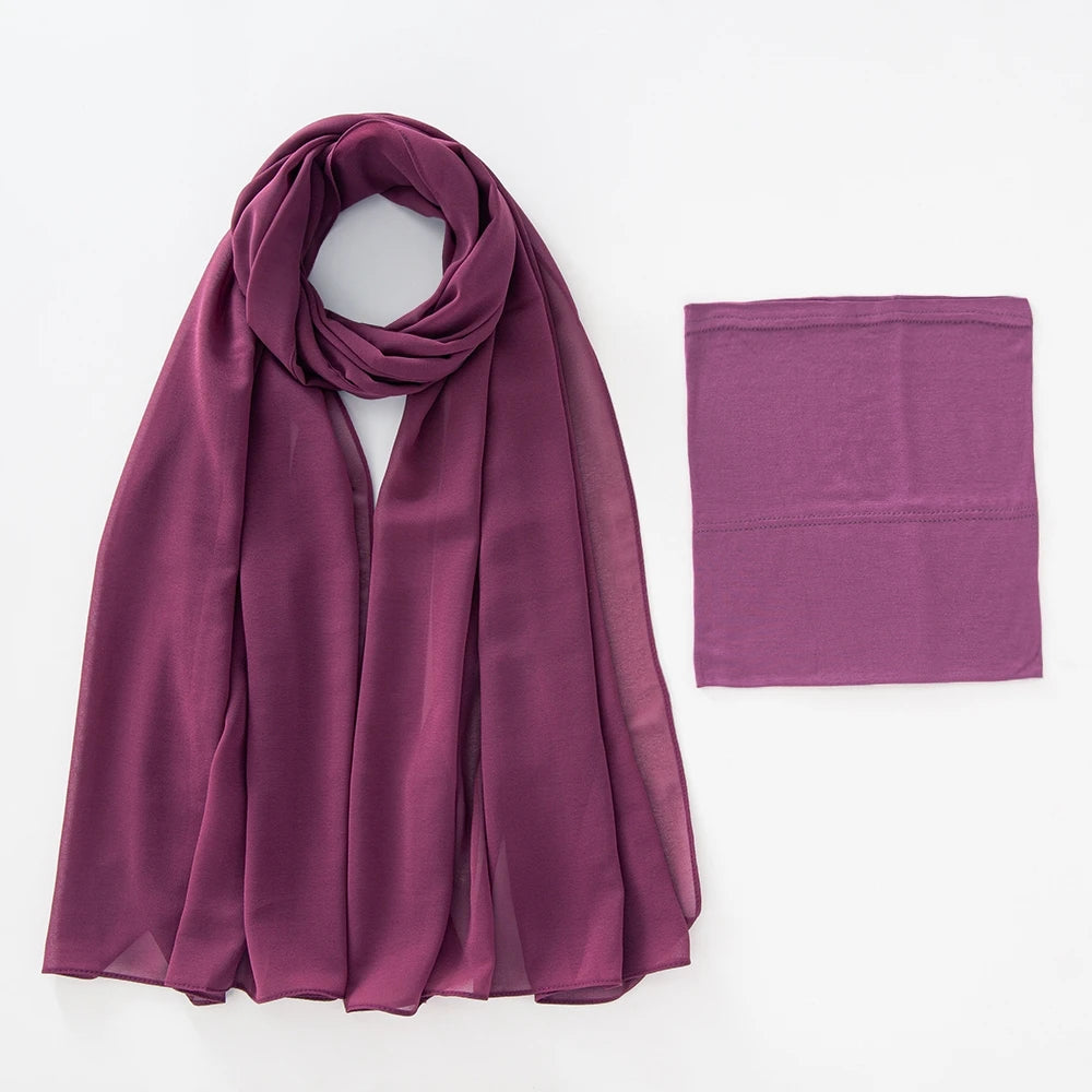 A deep magenta chiffon hijab and underscarf set displayed flat.