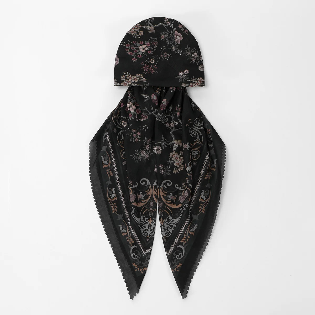 Schleier-Hijab mit schwarzem Blumenmuster und feiner Stickerei