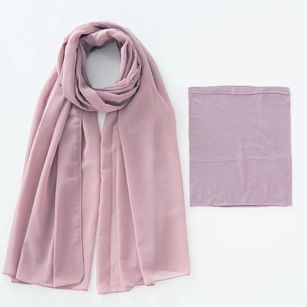 A matching mauve chiffon hijab and underscarf set displayed flat.