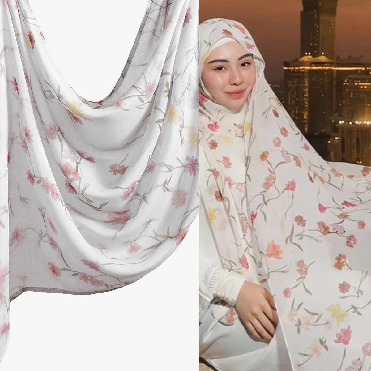 Eine Frau trägt einen weißen Wasserfarbendruck-Baumwoll-Modal-Hijabschal mit rosa und gelben Blumenmustern.