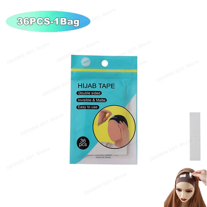 Paquete de cinta para hijab con gráfico circular amarillo que muestra cómo usar la cinta invisible y mate de doble cara.