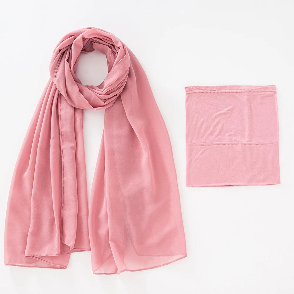 A soft dusty rose chiffon hijab and underscarf set displayed flat.