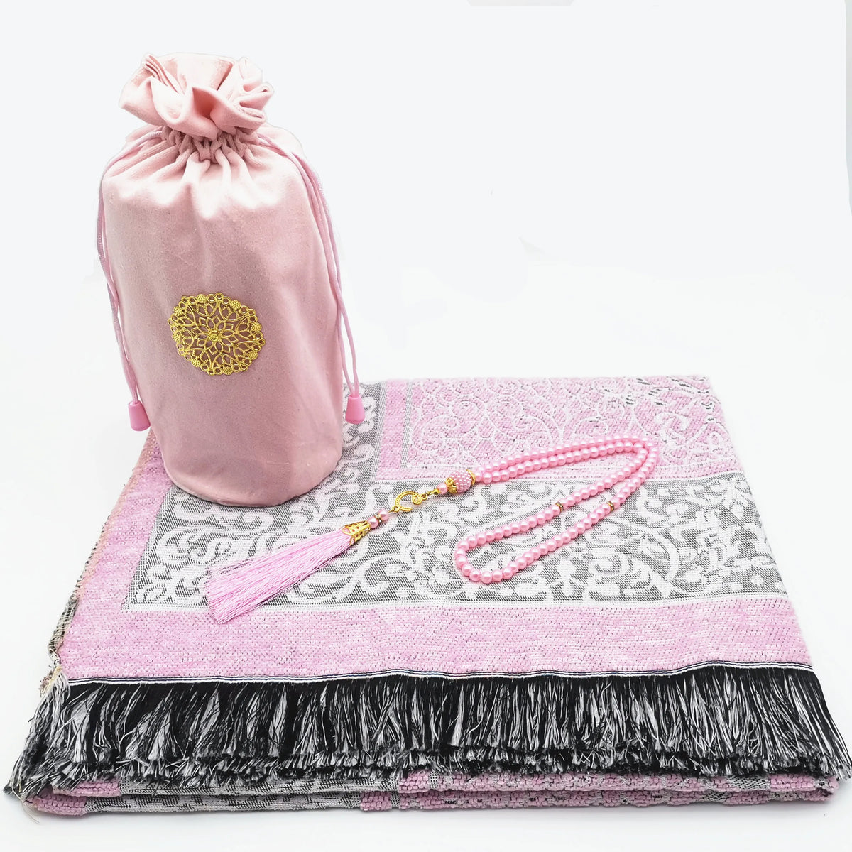 Pinkes Chenille-Gebetsmatte-Set mit passendem Tasbih und Tragetasche