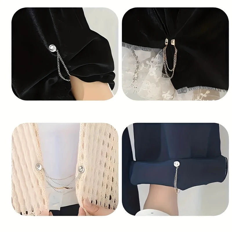 Un juego de pinzas de ropa magnéticas en tela negra y beige, mostradas en varios primeros planos.