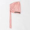Turban hijab cap instant stretch rose pink with gathered fabric and black trim.