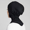 Schwarzer, dehnbarer Baumwoll-Hijab-Bonnet, der auf Kopf und Hals getragen wird.