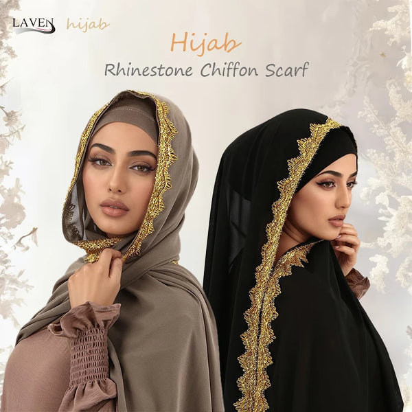 A woman models a gold rhinestone chiffon hijab scarf in olive green and black.