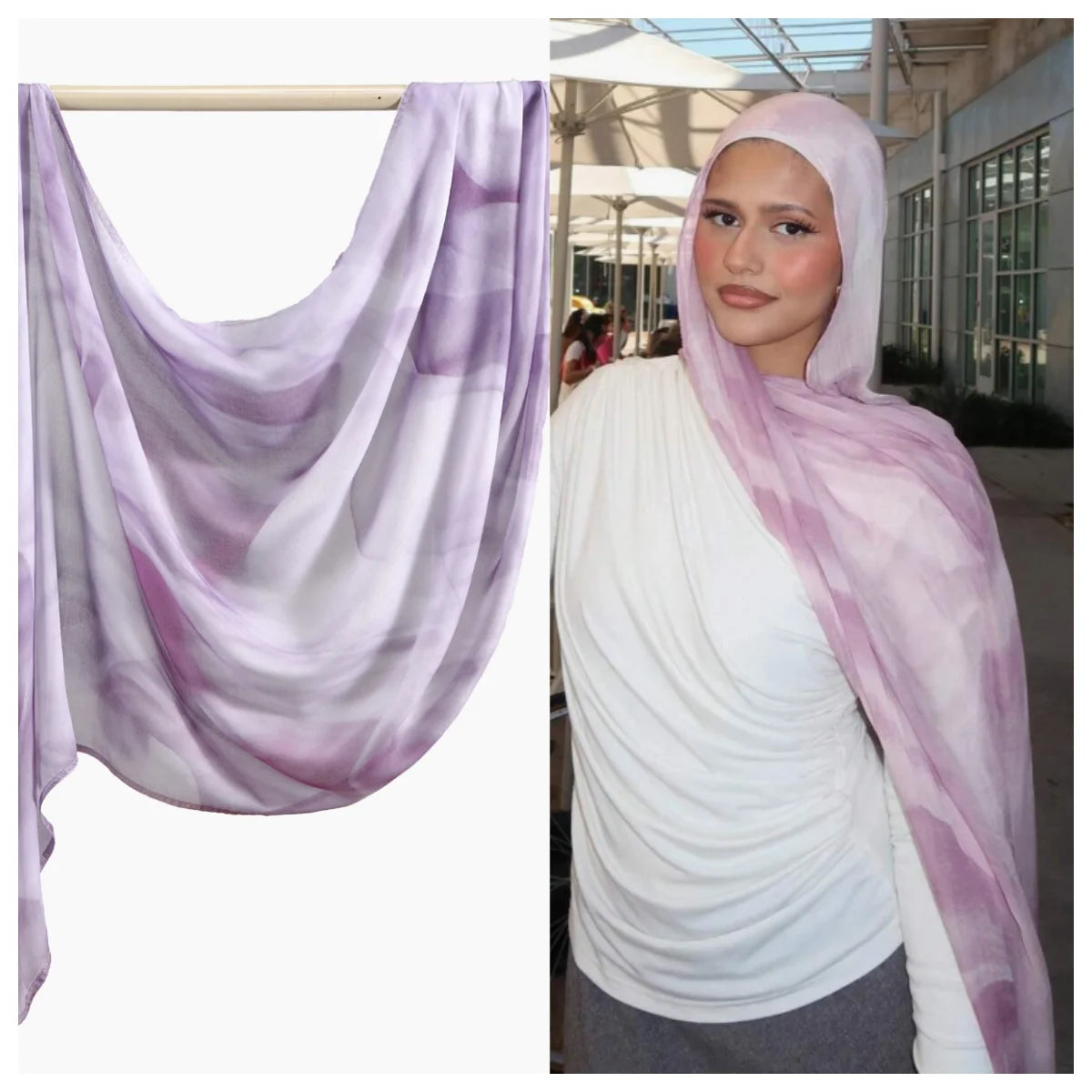 Eine Frau trägt einen Seidenschal mit Aquarell-Ombré-Druck in rosa und lila Tönen.