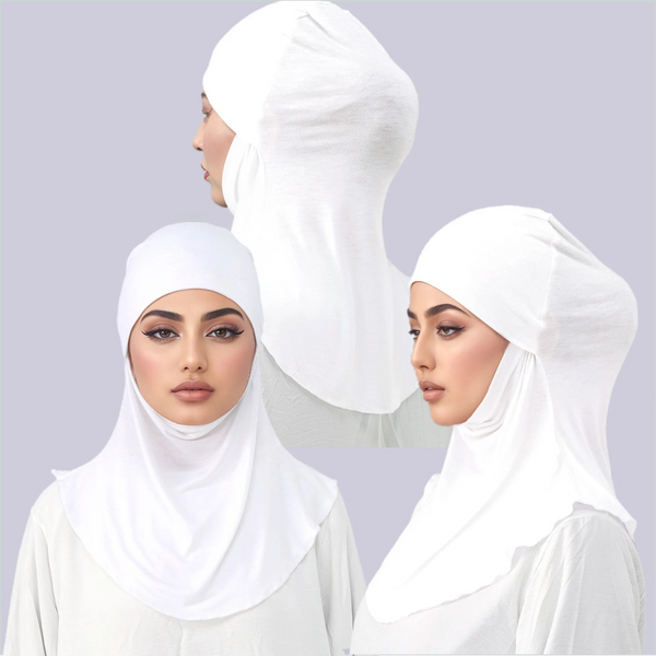 Three women wearing white instant stretch hijab headscarves