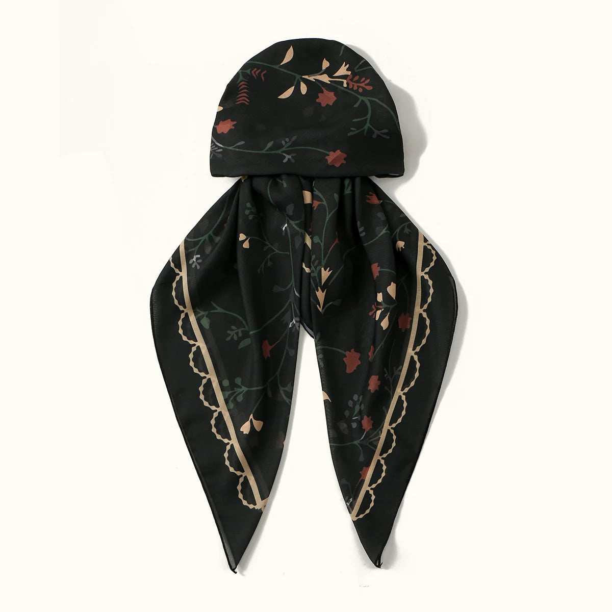 Schleier-Hijab mit schwarzem Blumenmuster und goldener Stickerei