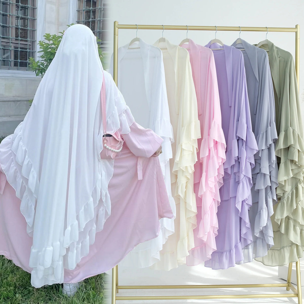Pink and white ruffled chiffon hijab garments displayed on a gold rack.