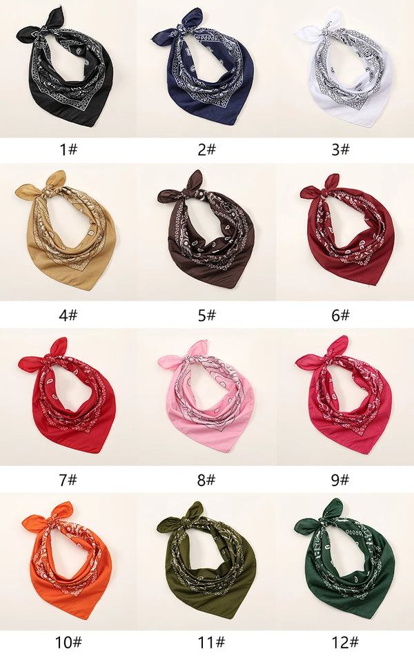 Twelve variations of fashion cotton head scarves or bandana designs in various colors and patterns.