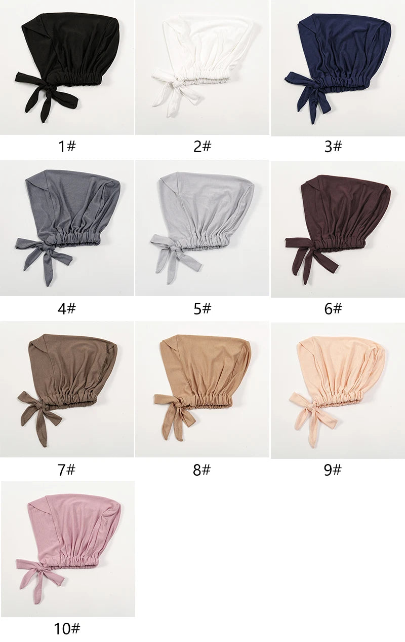 Ten variations of adjustable cotton jersey inner hijab caps shown in various colors and folds.