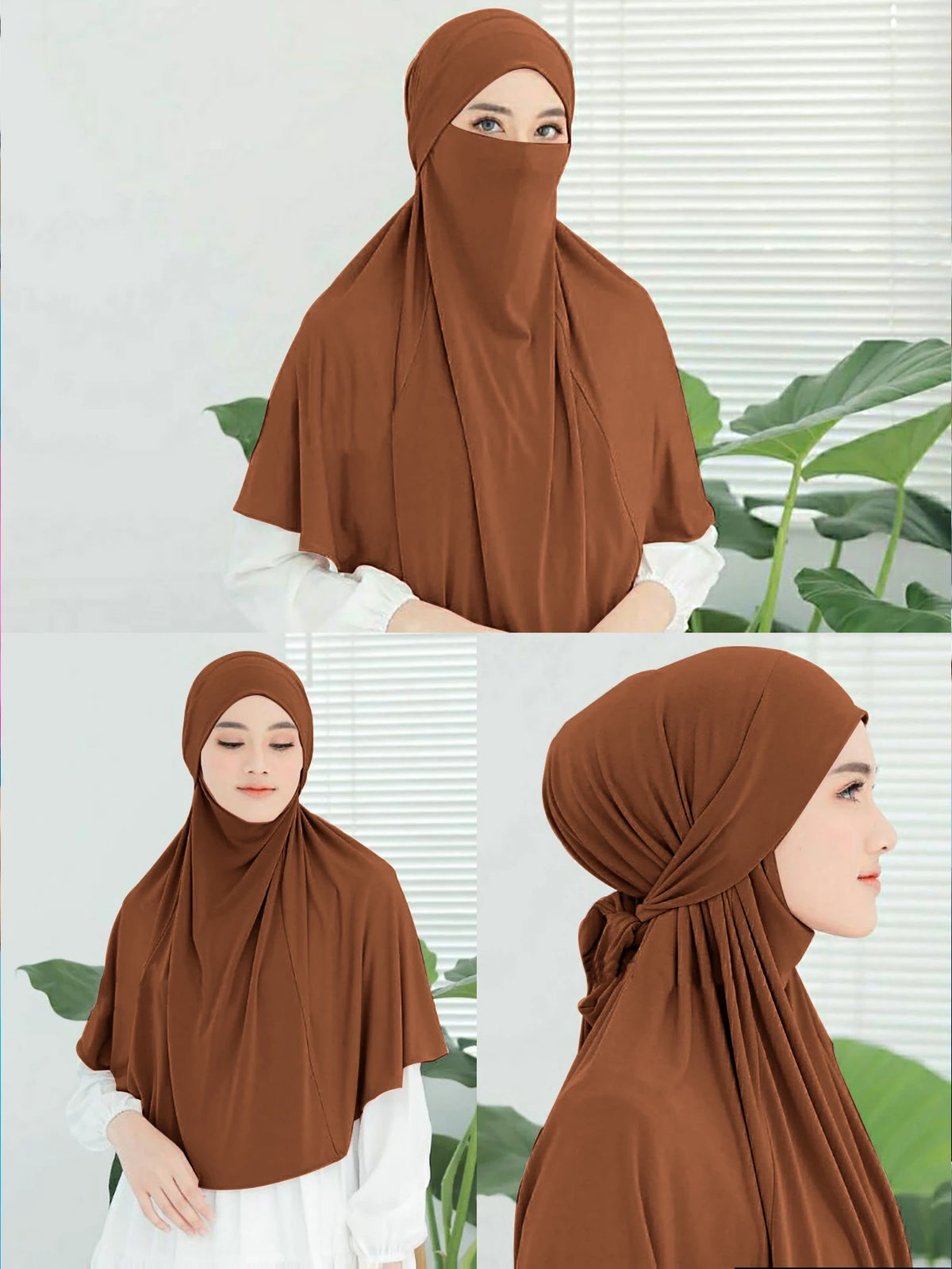 Eine Frau trägt einen einfarbigen braunen Instant-Turban-Hijab mit weißen Ärmeln und einem passenden Stoff.