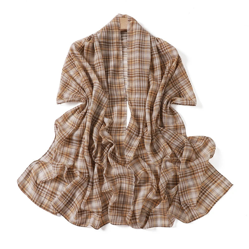 Bufanda de chifón con estampado a cuadros en tonos marrón y beige, drapeada para mujeres.