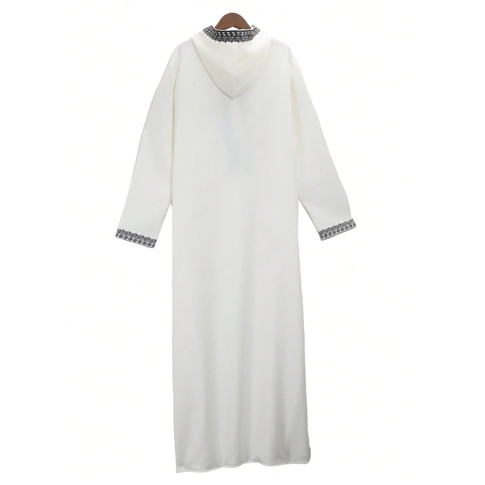 White Moroccan embroidered men's thobe jellaba with a decorative collar and cuffs