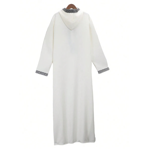 White Moroccan embroidered men's thobe jellaba with a decorative collar and cuffs