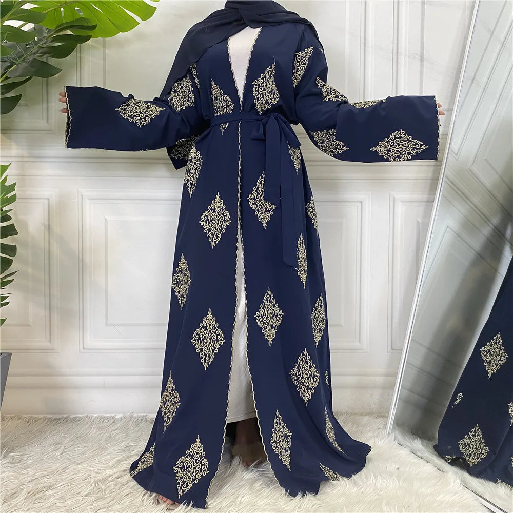 Abaya kaftan élégante bleu marine, femme, avec broderie dorée et ceinture