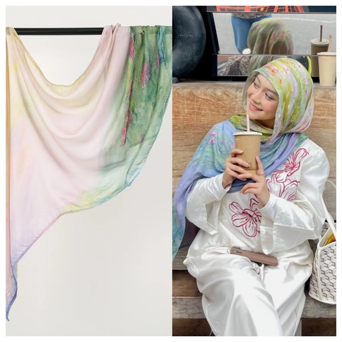 Eine Frau trägt ein weißes Outfit und einen Aquarell-Ombré-Hijabschal in Pink-, Grün- und Blautönen.