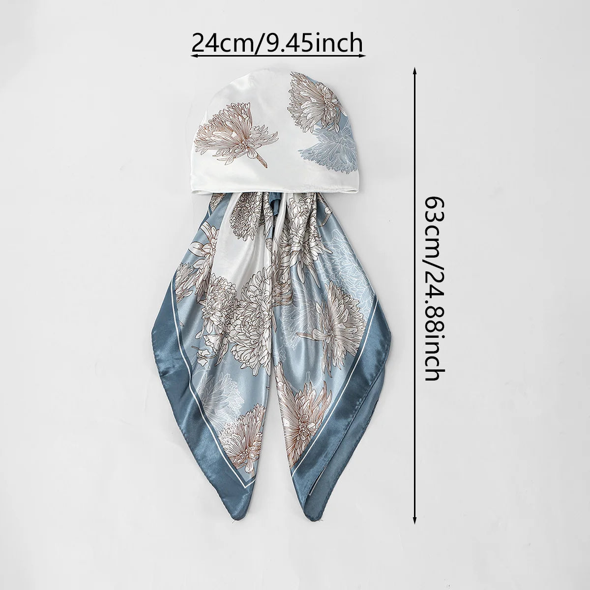 Elegant satin silk instant hijab scarf in blue and beige floral print