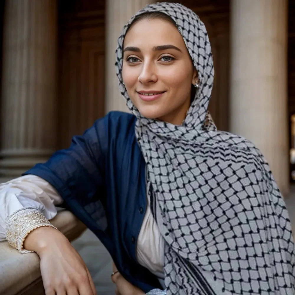 Una mujer vistiendo un elegante hiyab de chifón gris estampado y una blusa azul oscuro, posando al aire libre.