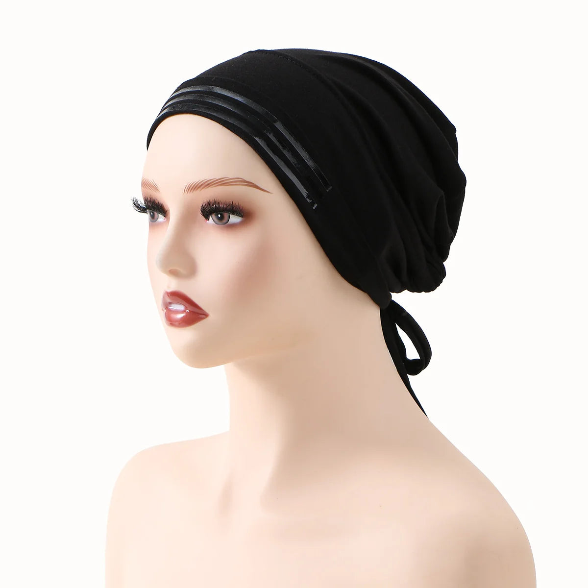 A black adjustable elastic headband hijab cap worn on a mannequin head.