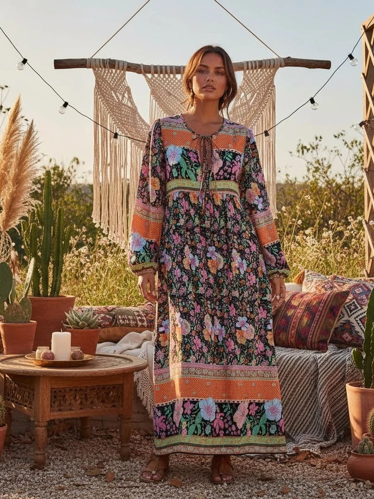 Eine Frau modelliert ein langes Blumenmaxi-Kleid mit farbenfroher Stickerei im Freien.