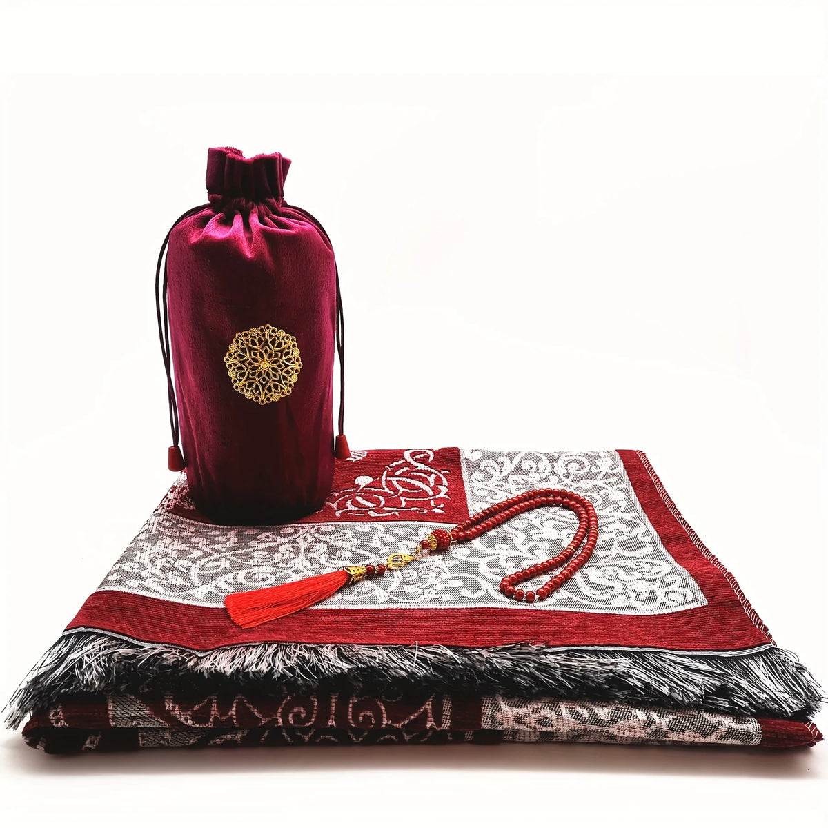 Marooner Gebetsmatte-Set mit Matte, Tasbih und passender Tasche mit Goldstickerei.