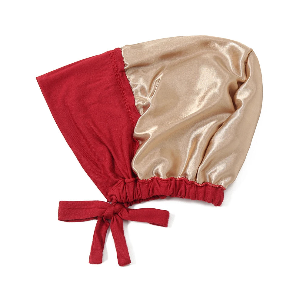 Bonnet hijab en satin double couche, couvre-chef instantané rouge et or.