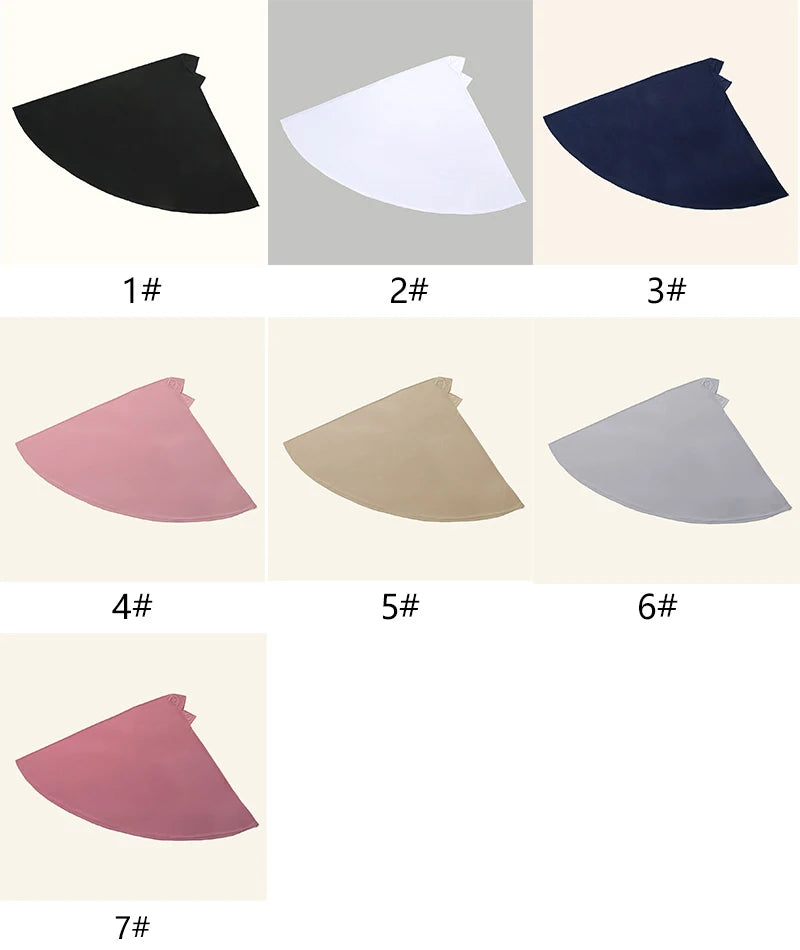 Sieben Farbproben eleganter, durchgehender Abaya-Stoff in verschiedenen Farbtönen wie Schwarz, Weiß, Marineblau, Pink und Bei