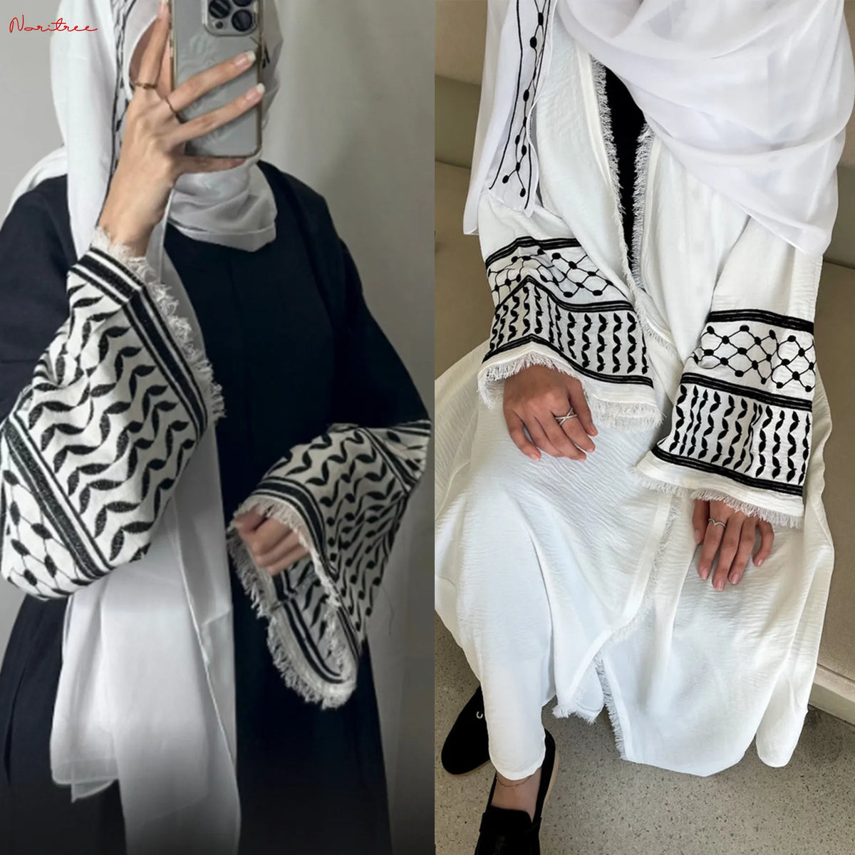 Femme portant une élégante abaya noire et blanche brodée avec un hijab blanc et des manches assorties.