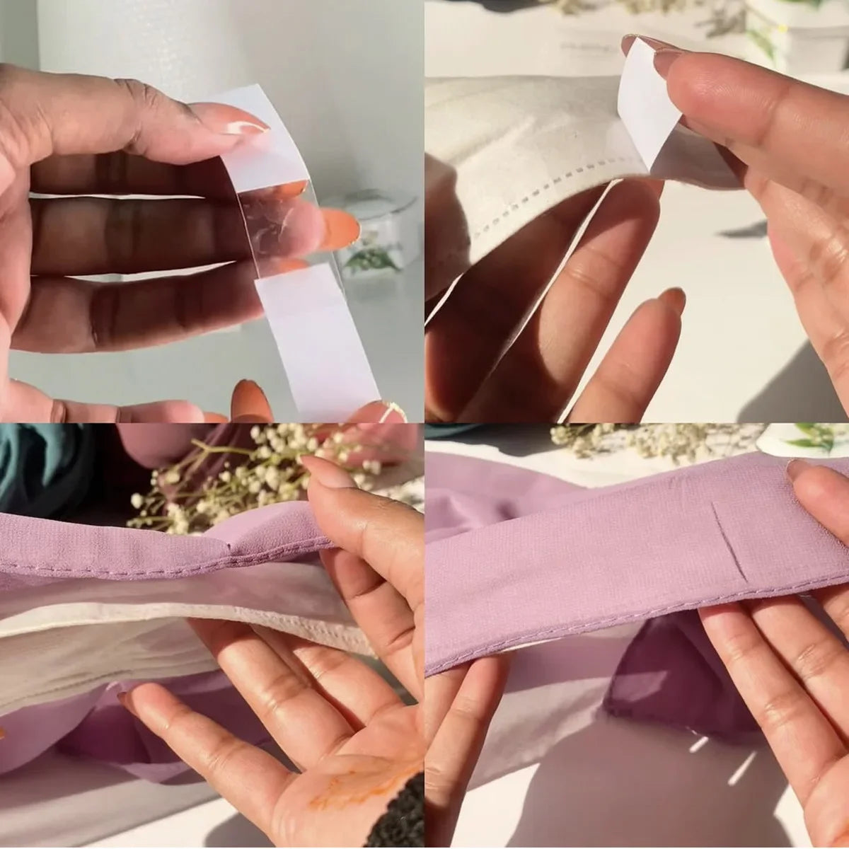 Manos demuestran cinta corporal invisible usada para reparar tela como pañuelos y vestidos.