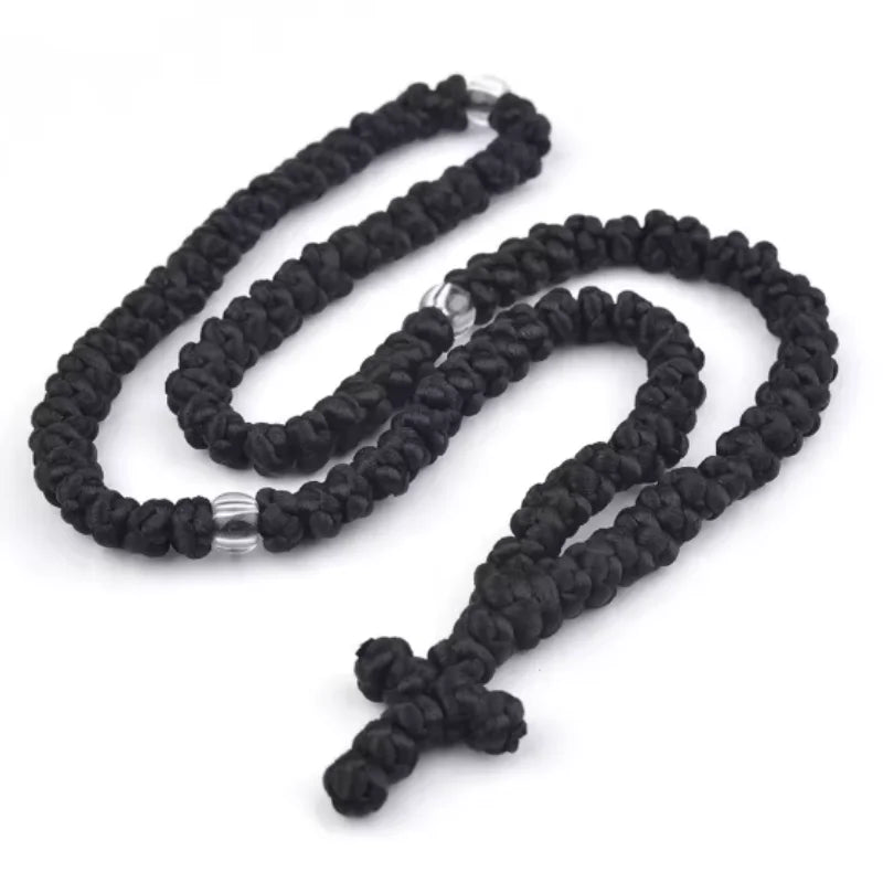 Rosario hecho a mano negro, collar con cuerda de oración y cuentas de plata