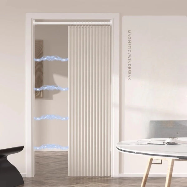 A white pleated accordion door curtain in a doorway, featuring a magnetic window break design.