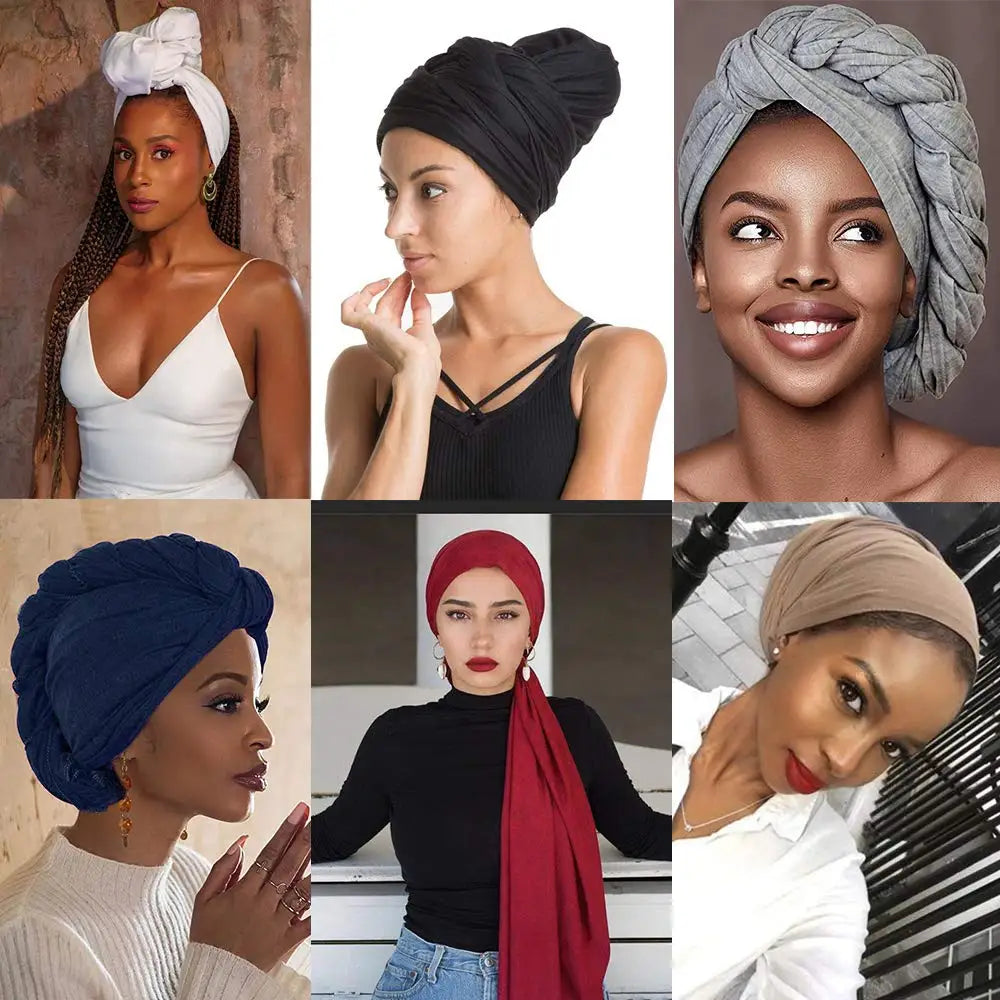 Vier Modelle zeigen verschiedene Stile und Farben von dehnbaren Jersey-Turban-Headwraps.