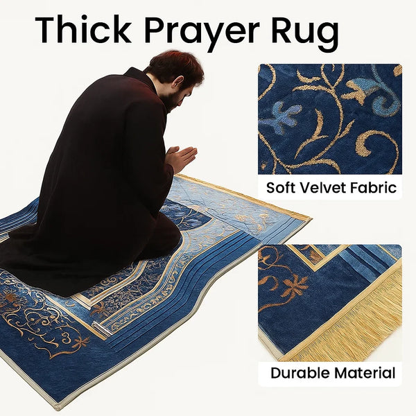 A person is kneeling on a blue and gold prayer rug made of soft velvet fabric.