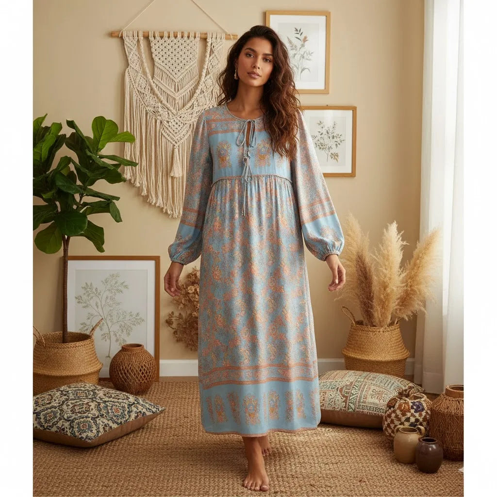A woman models a long, flowing bohemian floral maxi dress with lantern sleeves in blue and orange tones.