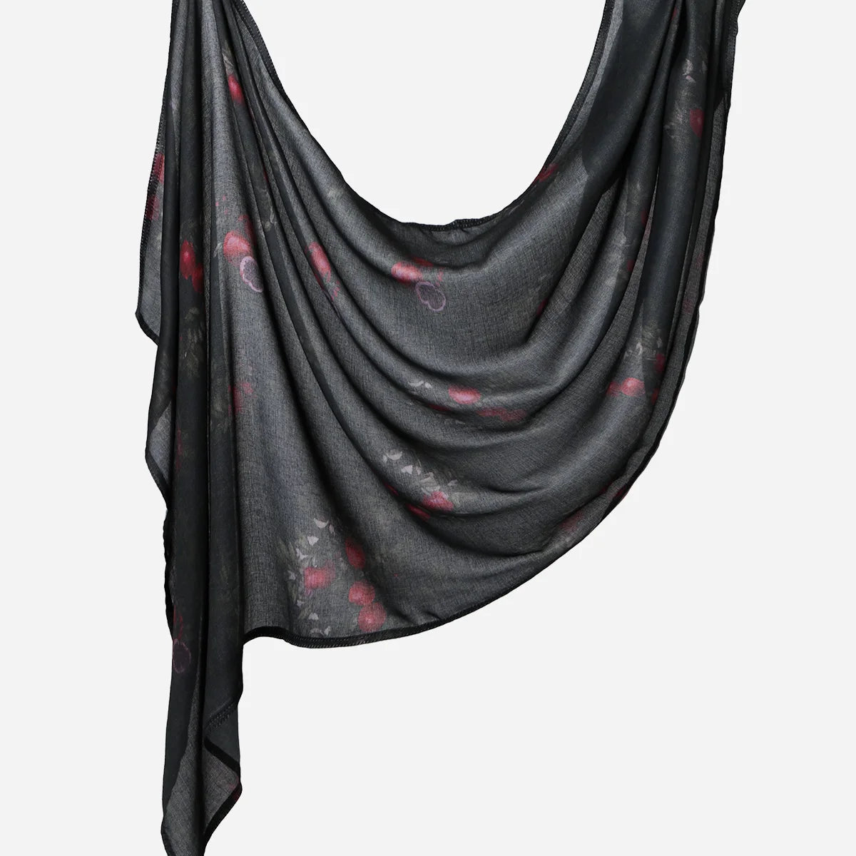 Schwarzer, durchscheinender Leinen-Baumwoll-Hijab-Schal mit Aquarell-Blumenmuster