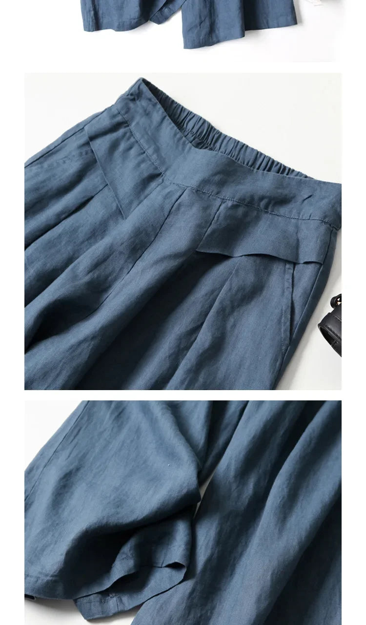 Marinefarbene Leinenmisch-Culottes mit weit geschnittenen Bein
