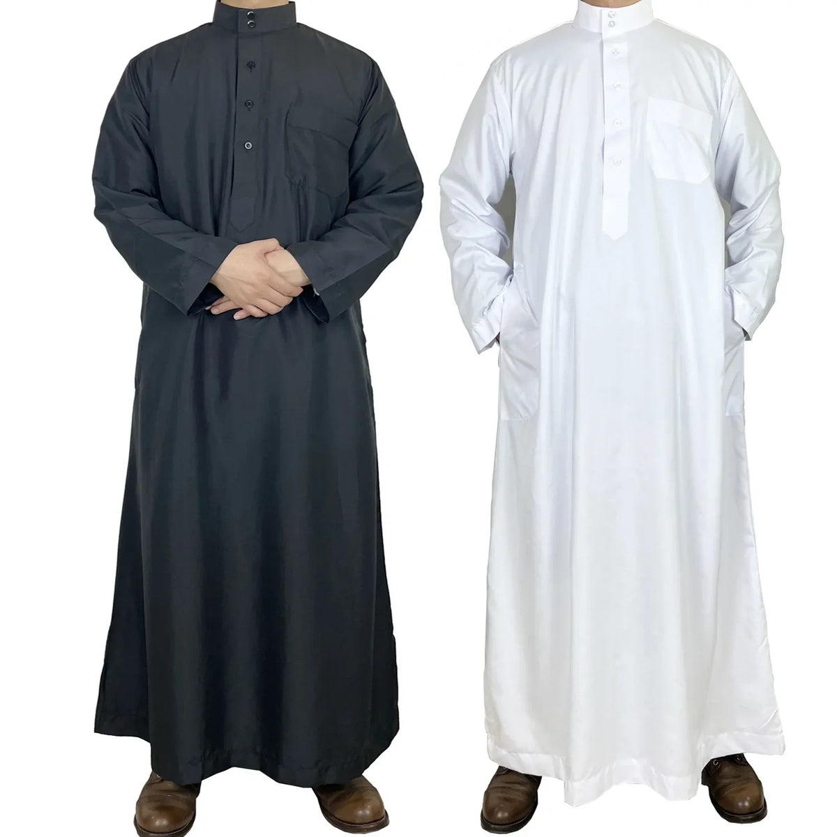 Herren-weiße Islam Jalabiya Thobe Kaftan-Kleidung in voller Ansicht.