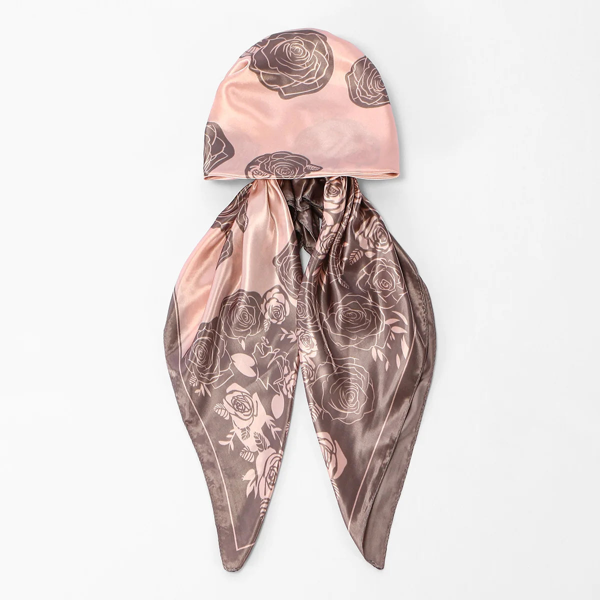 Elegant satin silk instant hijab scarf in dusty rose and brown floral print