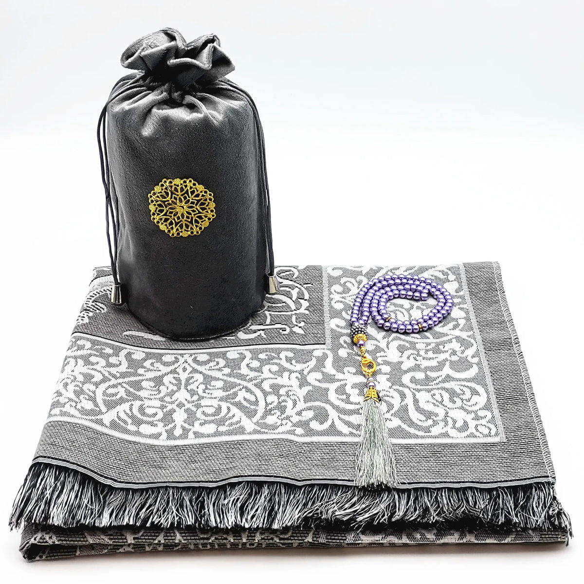 Elegantes Chenille Gebetsmatte-Set mit grauem Teppich, Tasbih und schwarzem Tragetasche.