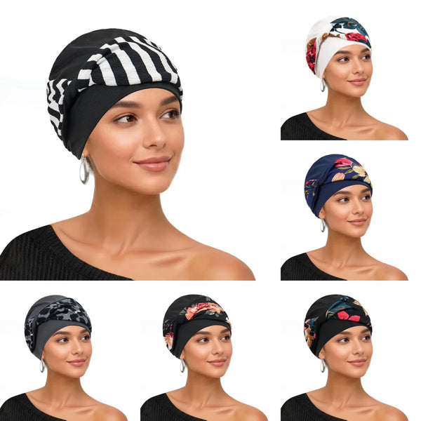 A collection of women wearing various trendy printed turban headscarves in black and floral patterns.